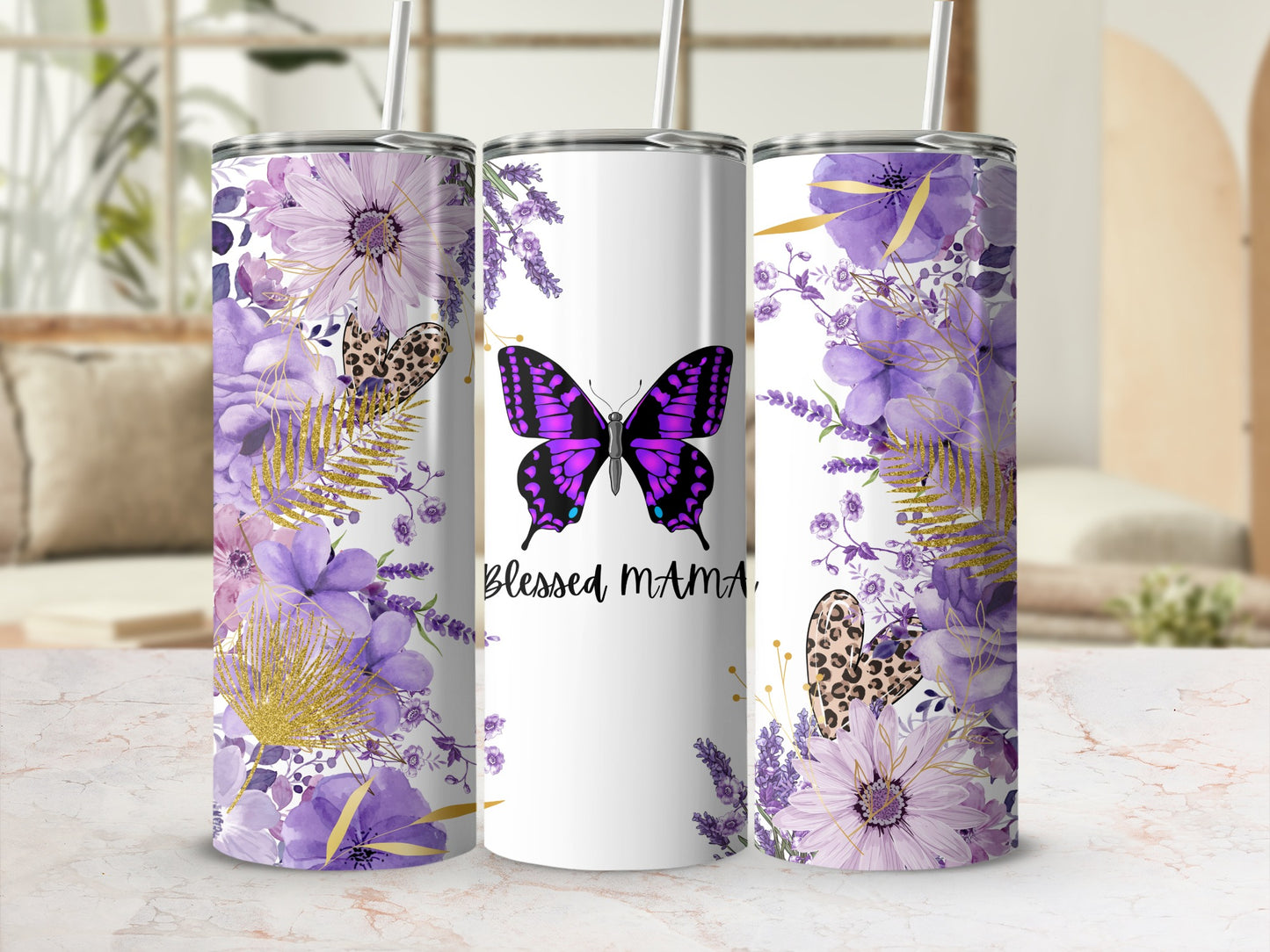 Purple Floral and Butterfly Design Tumbler with Straw