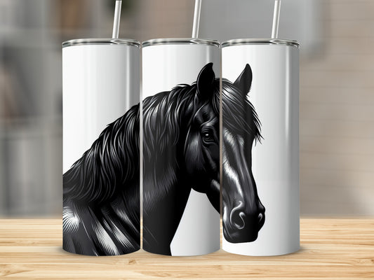 Black horse illustration on a white tumbler against a wooden surface.