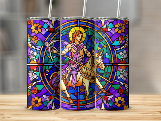 Three stained glass tumblers featuring a warrior with a bow on horseback.