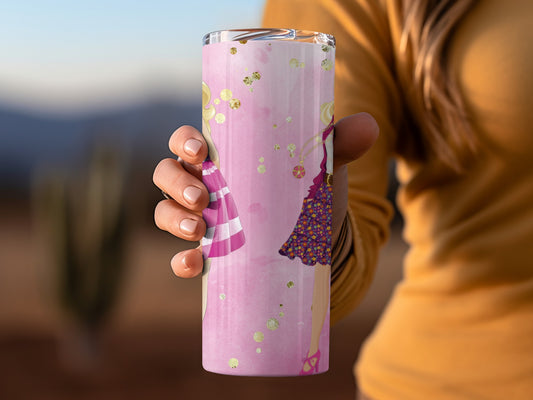 Barbie Girls on Pink Background With Gold Confetti Tumblers