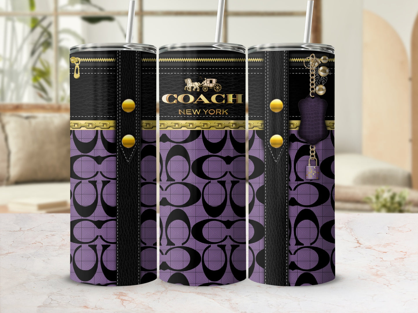 Elegant Coach New York Purple Pattern Insulated Tumbler