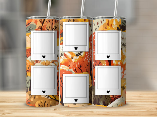 Three tumblers with fall foliage design and empty photo frames.