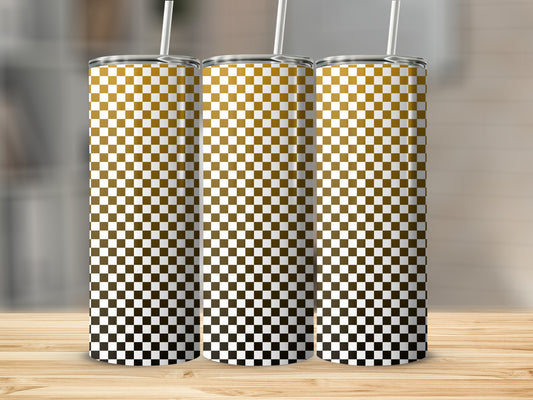 Three tumblers with a checkered gradient pattern on a wooden surface.