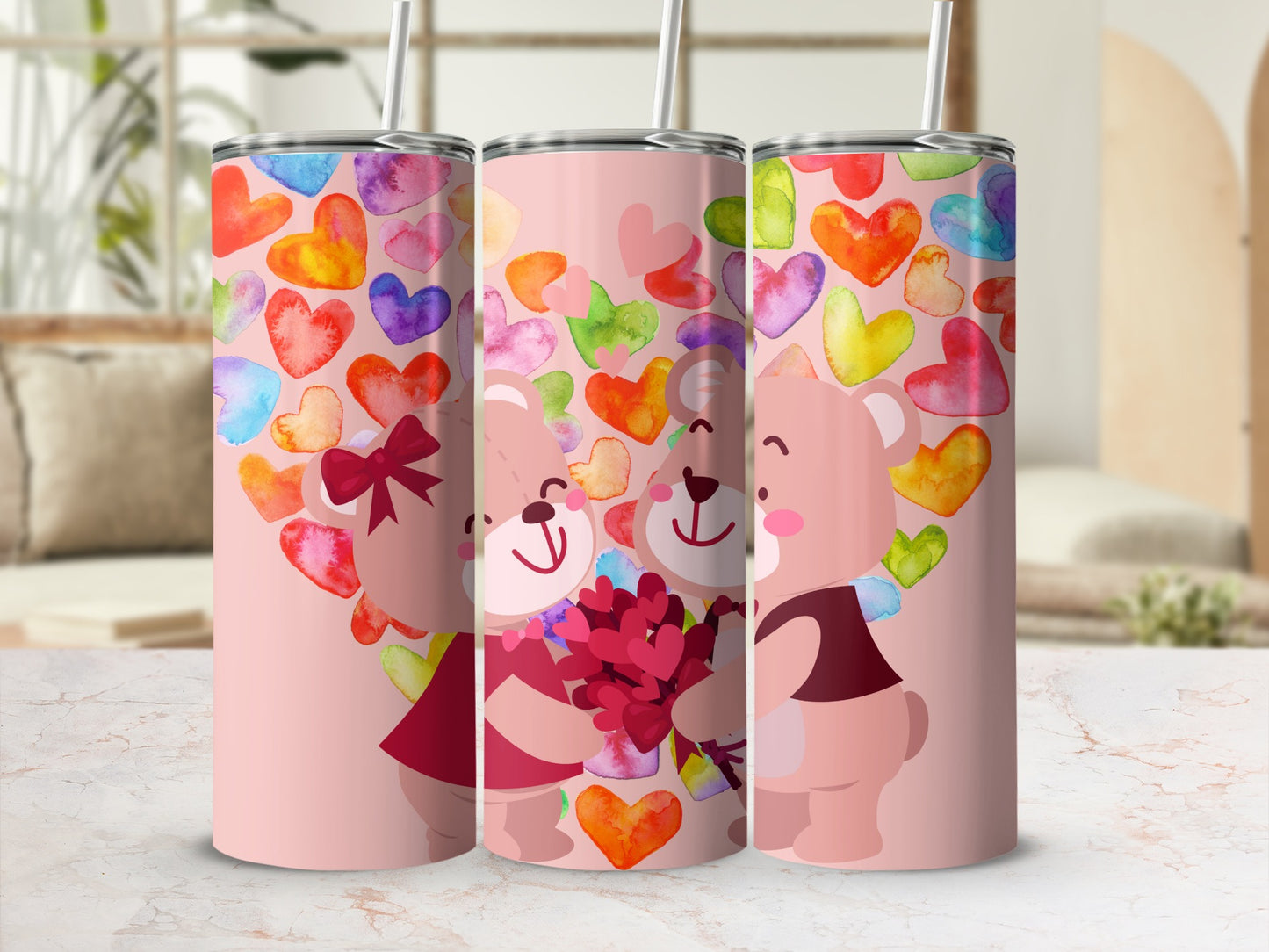 Cute Bears and Hearts Tumbler with Colorful Design