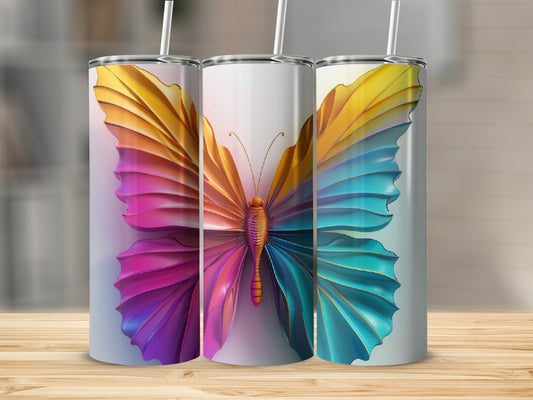 3D butterfly tumbler with colorful iridescent wings.