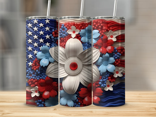 Three patriotic tumblers with floral and flag designs.