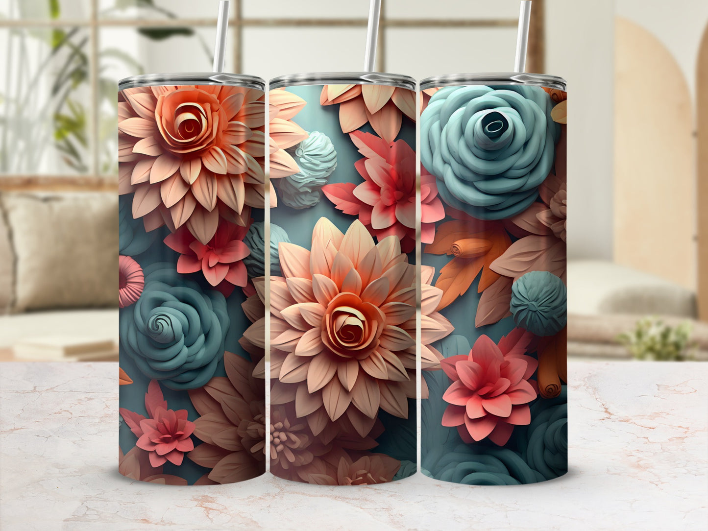 Floral Insulated Tumbler with Straw for Hot or Cold Drinks