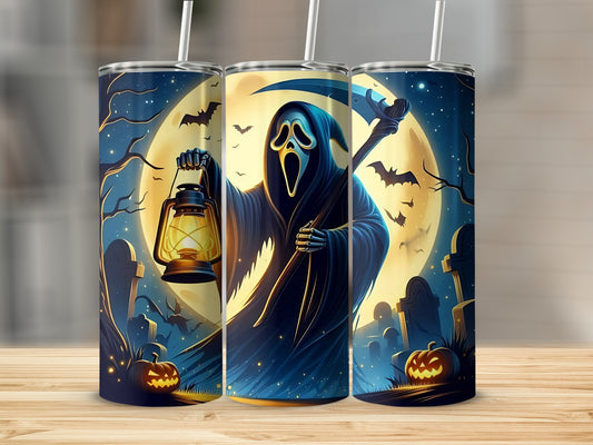 Three tumblers with a Halloween scene featuring a grim reaper, pumpkins, bats, and a full moon.