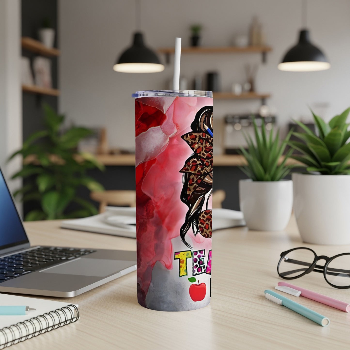 Red marble and leopard print tumbler with "Teacher Fuel" text and apple graphic.