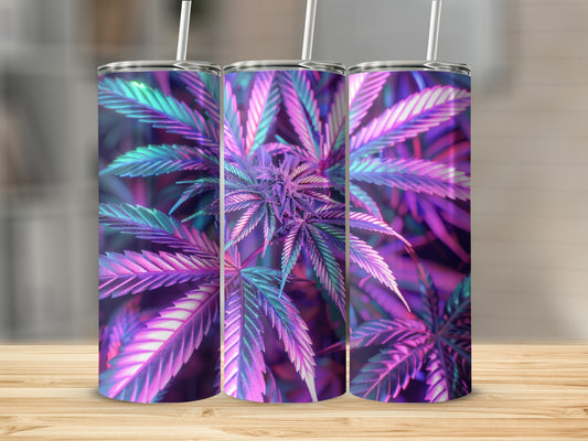 Three tumblers with a purple and green cannabis leaf design.