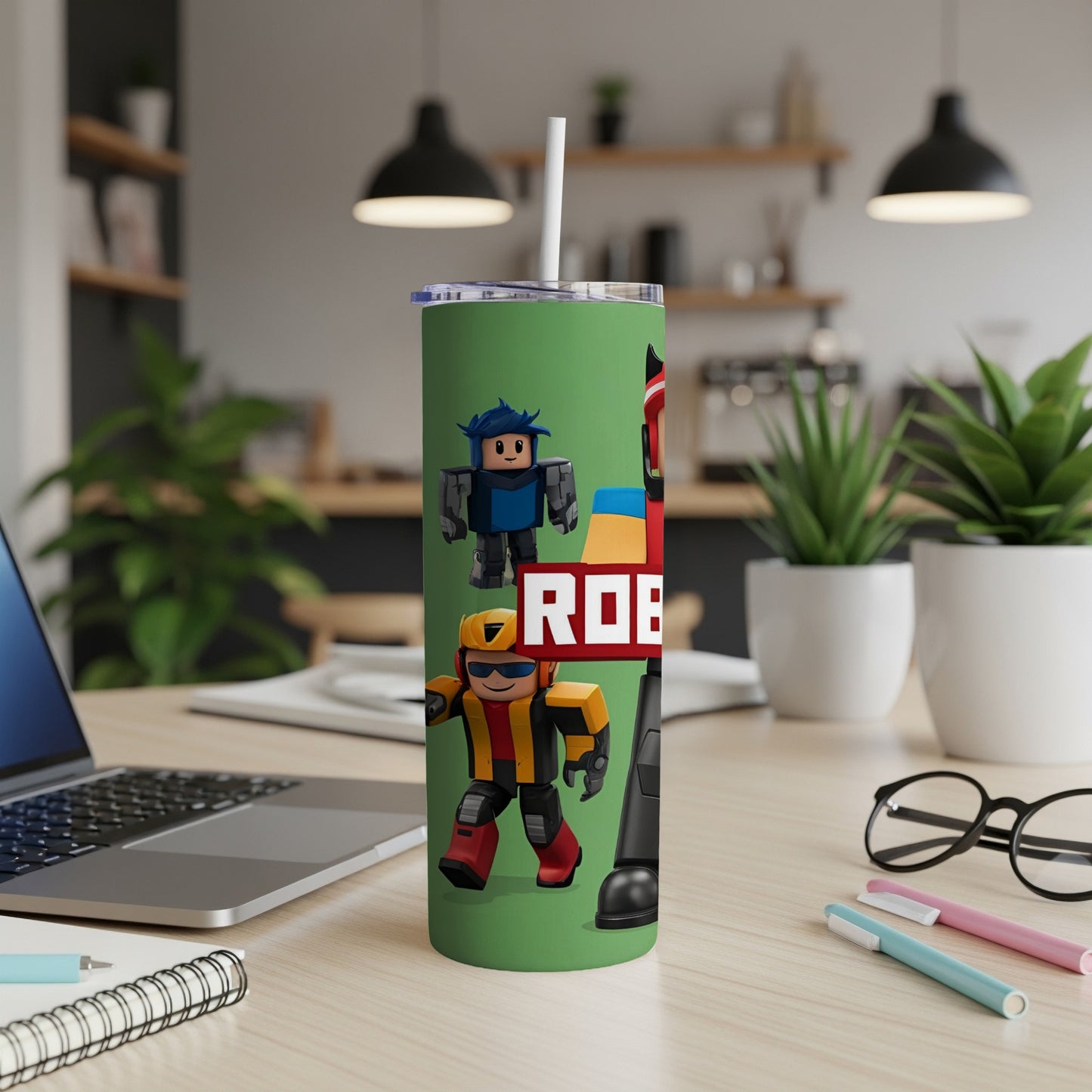 Green tumbler with Roblox characters and "ROBLOX" text.