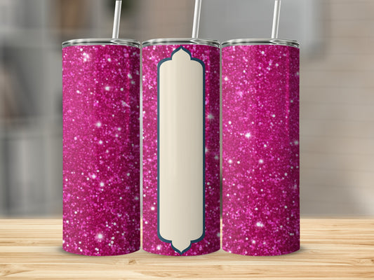Three pink glitter tumblers with a cream and blue border on a wooden surface.