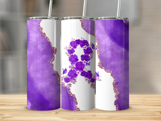Purple floral ribbon tumbler with glitter and watercolor background.