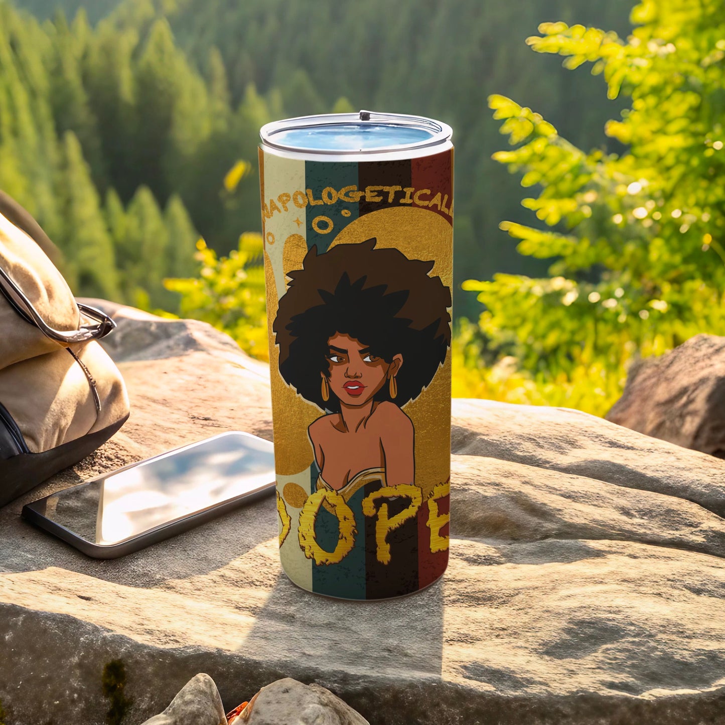 Tumbler with woman and text "APOLOGETICAL DOPE" against a forest background.