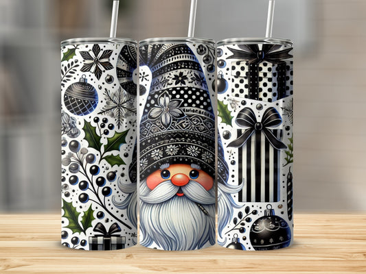 Christmas gnome tumbler with holiday patterns and gift boxes.