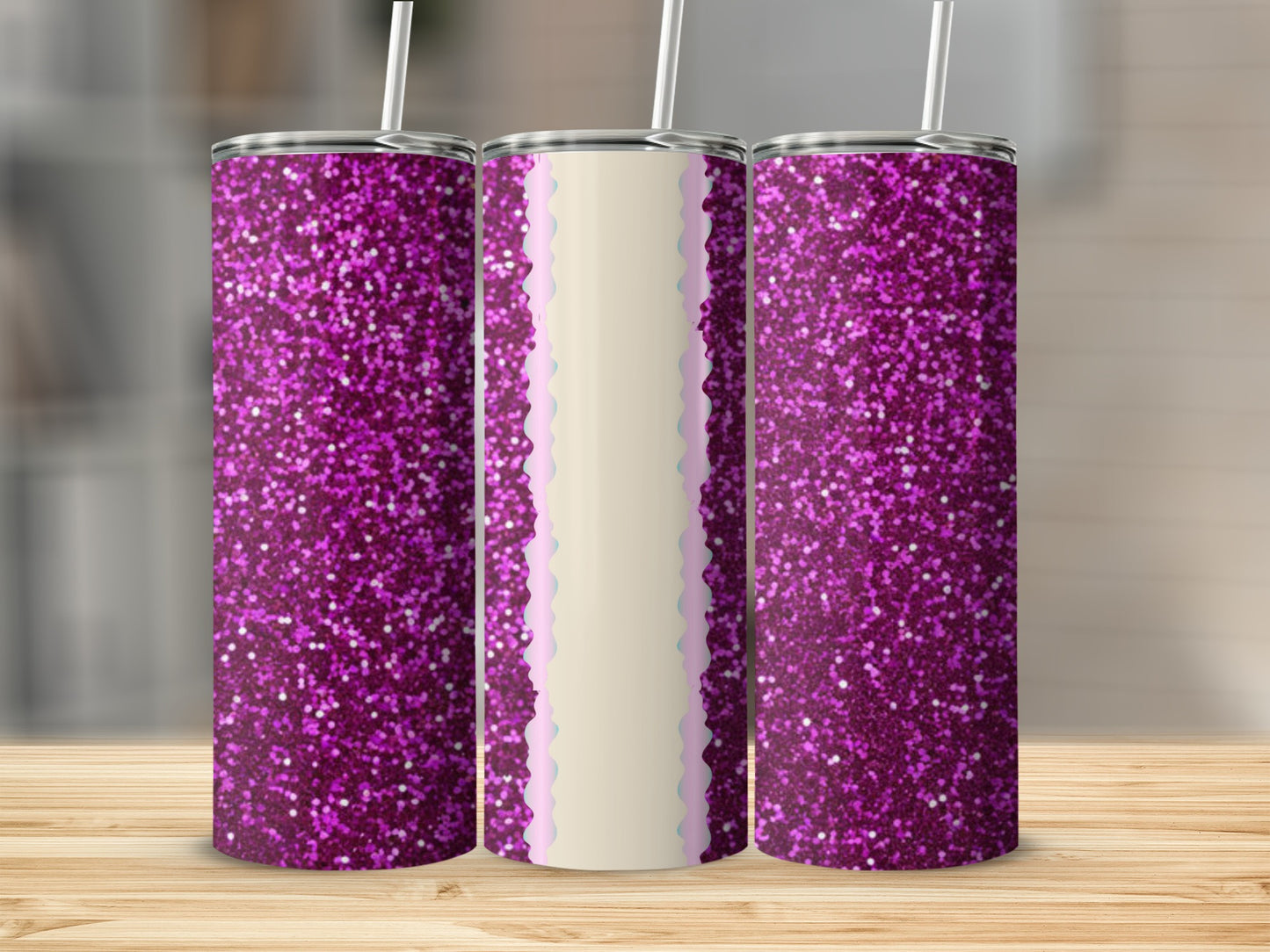 Three glittery purple tumblers with straw on wooden surface.