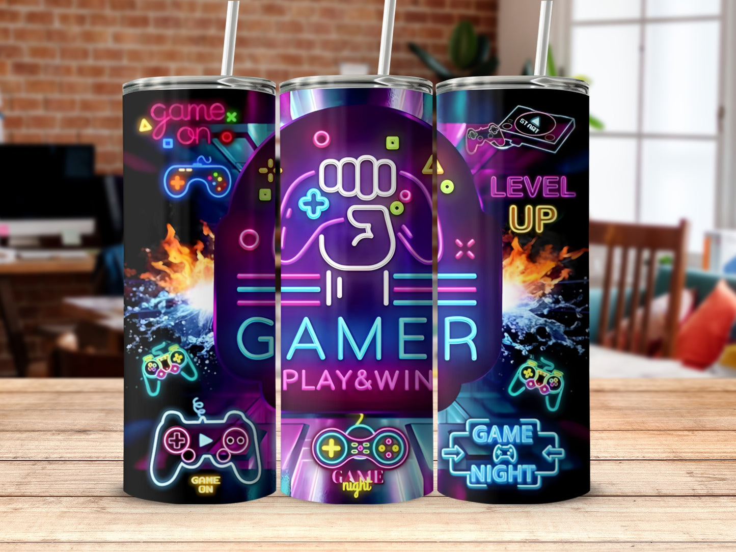 Neon Gamer Night Play and Win Level Up Tumbler Cup