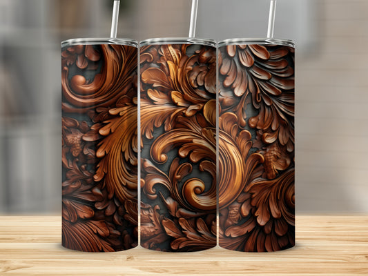 Three ornate copper-toned tumblers with detailed floral engraving.