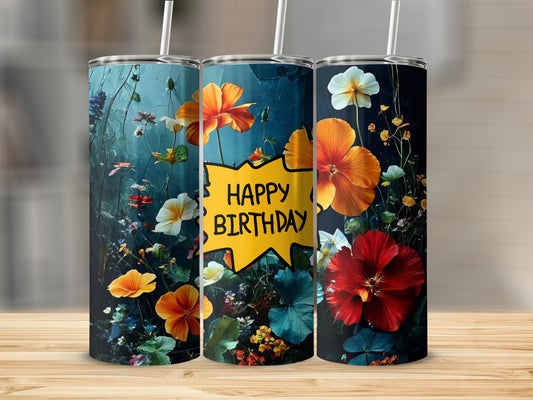 Three tumblers with floral designs and a yellow "Happy Birthday" speech bubble.