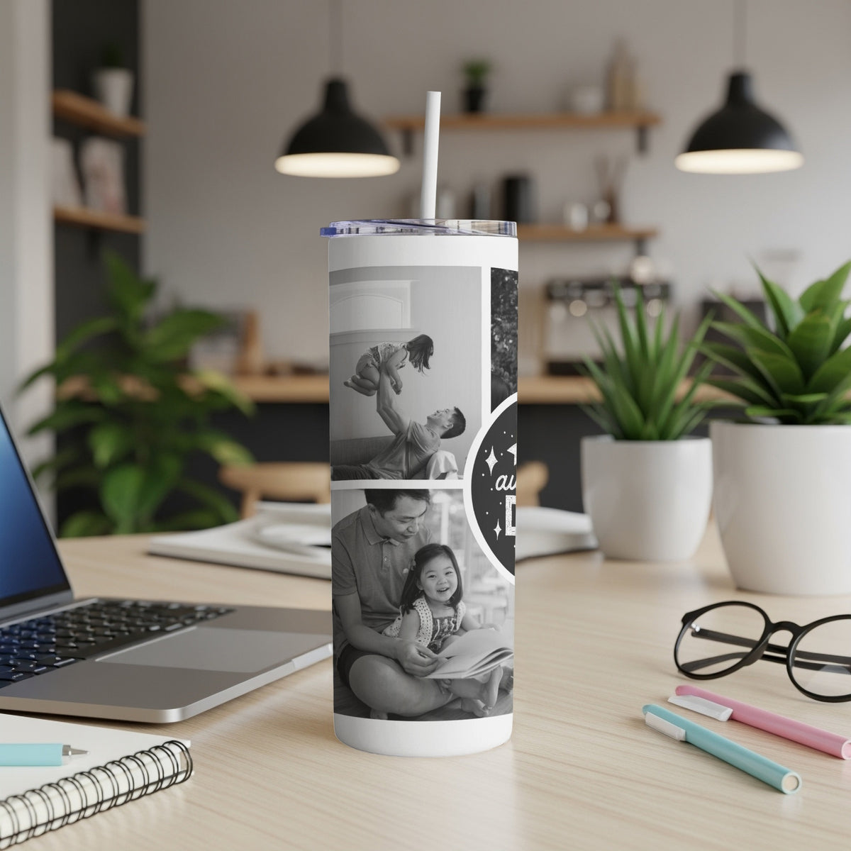 Tumbler with black and white photos of a father and daughter, and text.