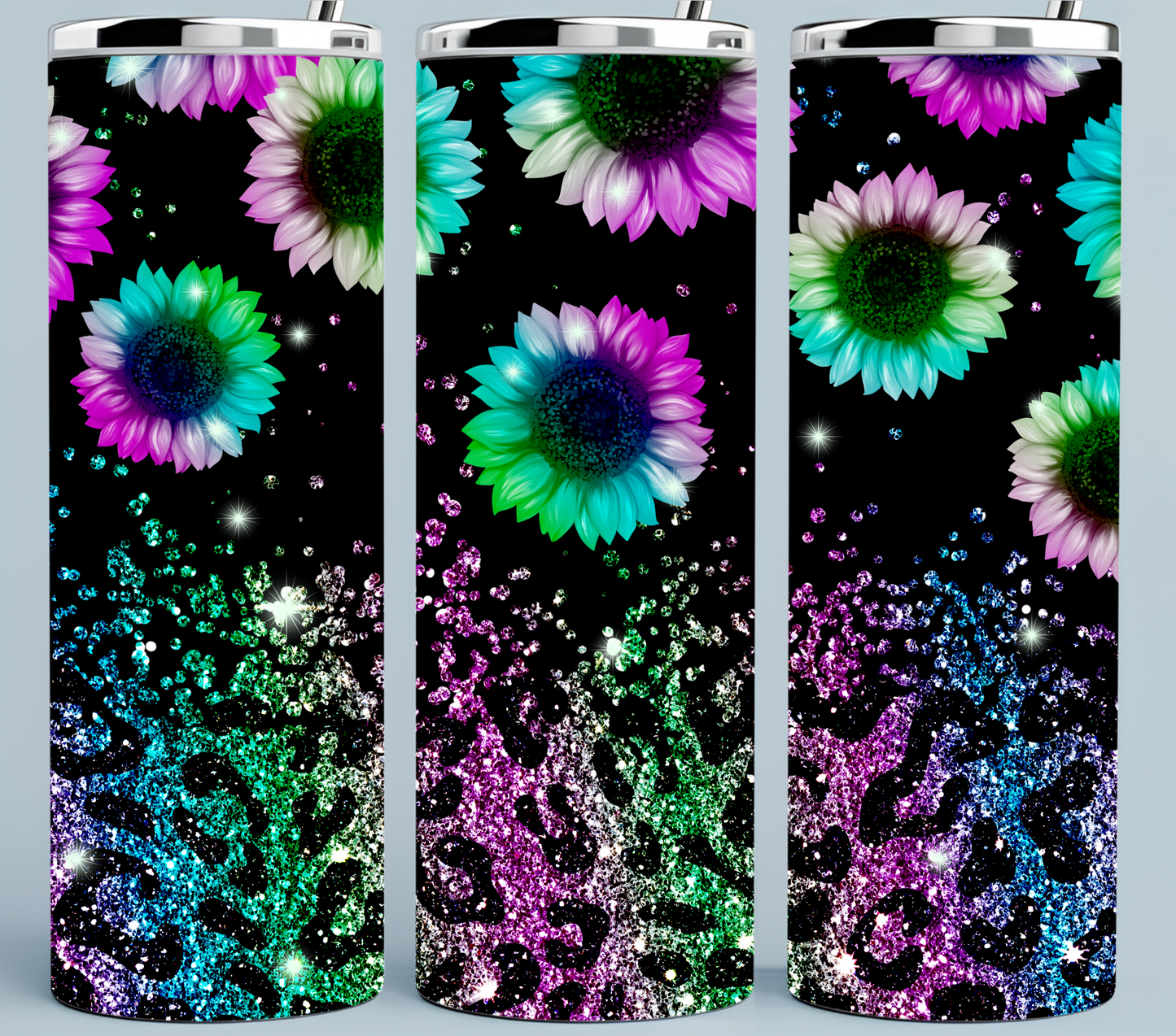 Teal and Pink Glitter Leopard Pattern Sunflower tumbler