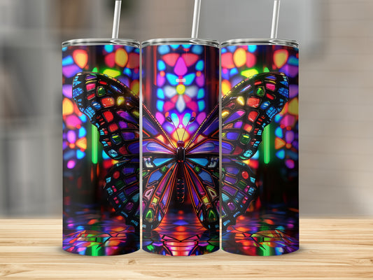 Three tumblers with stained glass butterfly design.