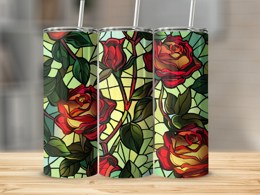 Three tumblers with stained glass rose patterns.