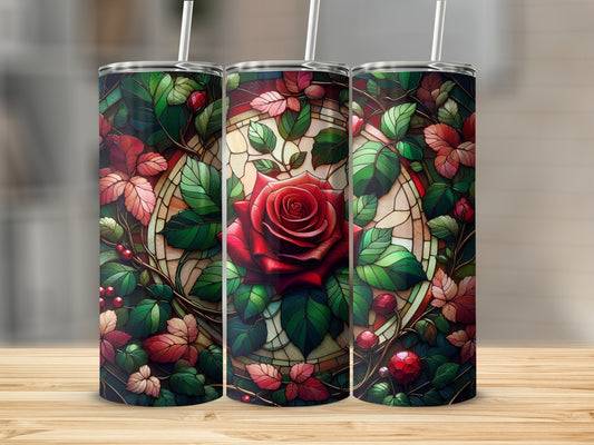 Three stained-glass style tumblers with red roses and green leaves.