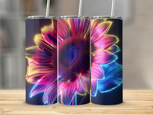 Sunflower design on three tumblers with neon glow effect.