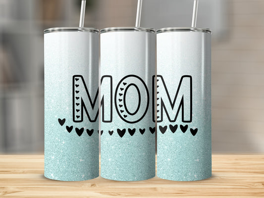 Three glittery tumblers with "MOM" in large letters and small hearts.