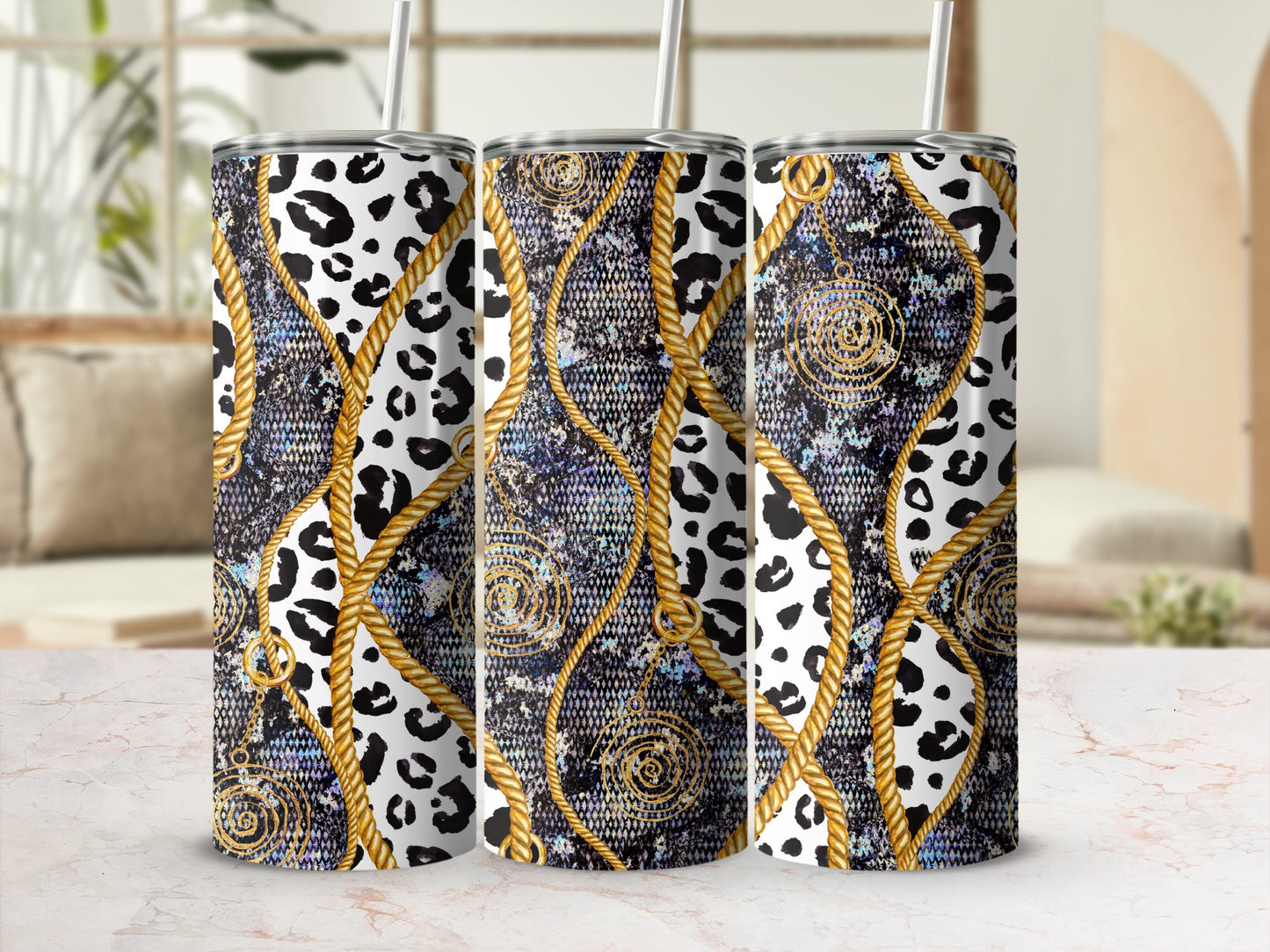 Elegant Leopard and Rope Pattern Travel Tumbler