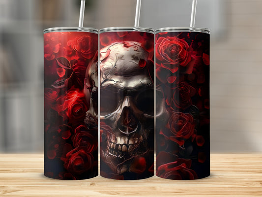 Three tumblers with a skull and red roses design.