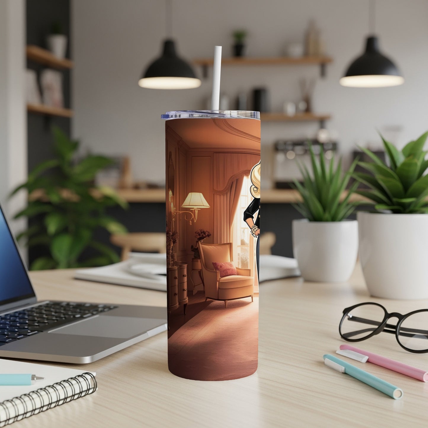 Cartoon woman in evening gown holding cocktail glass in stylish room.