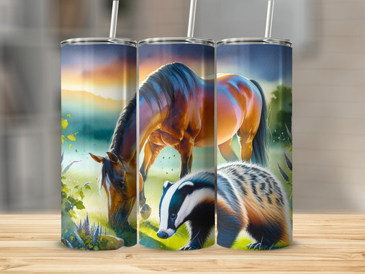 Horse and badger grazing in a sunny field with wildflowers.