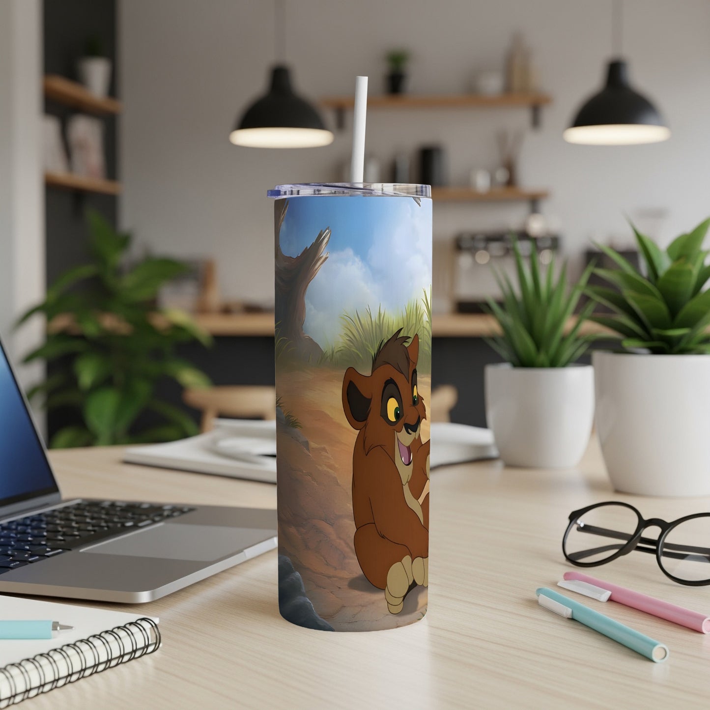 Kovu from The Lion King 2 Disney tumbler on a desk.