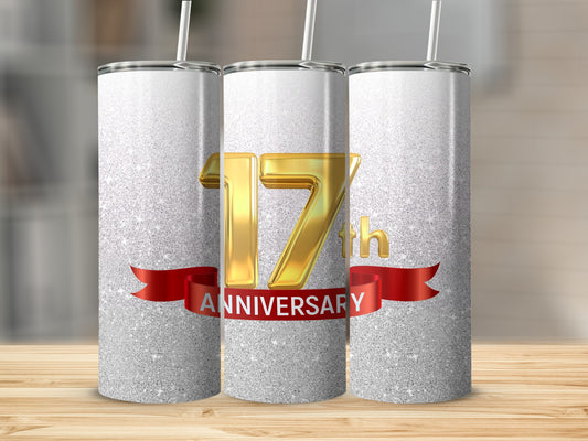 Glittery 17th Anniversary tumbler with red ribbon.