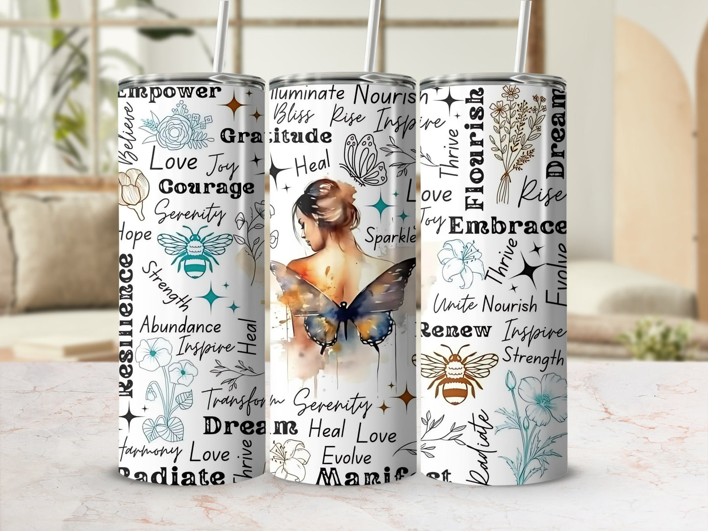 Inspirational Word Art and Butterfly Design Tumbler