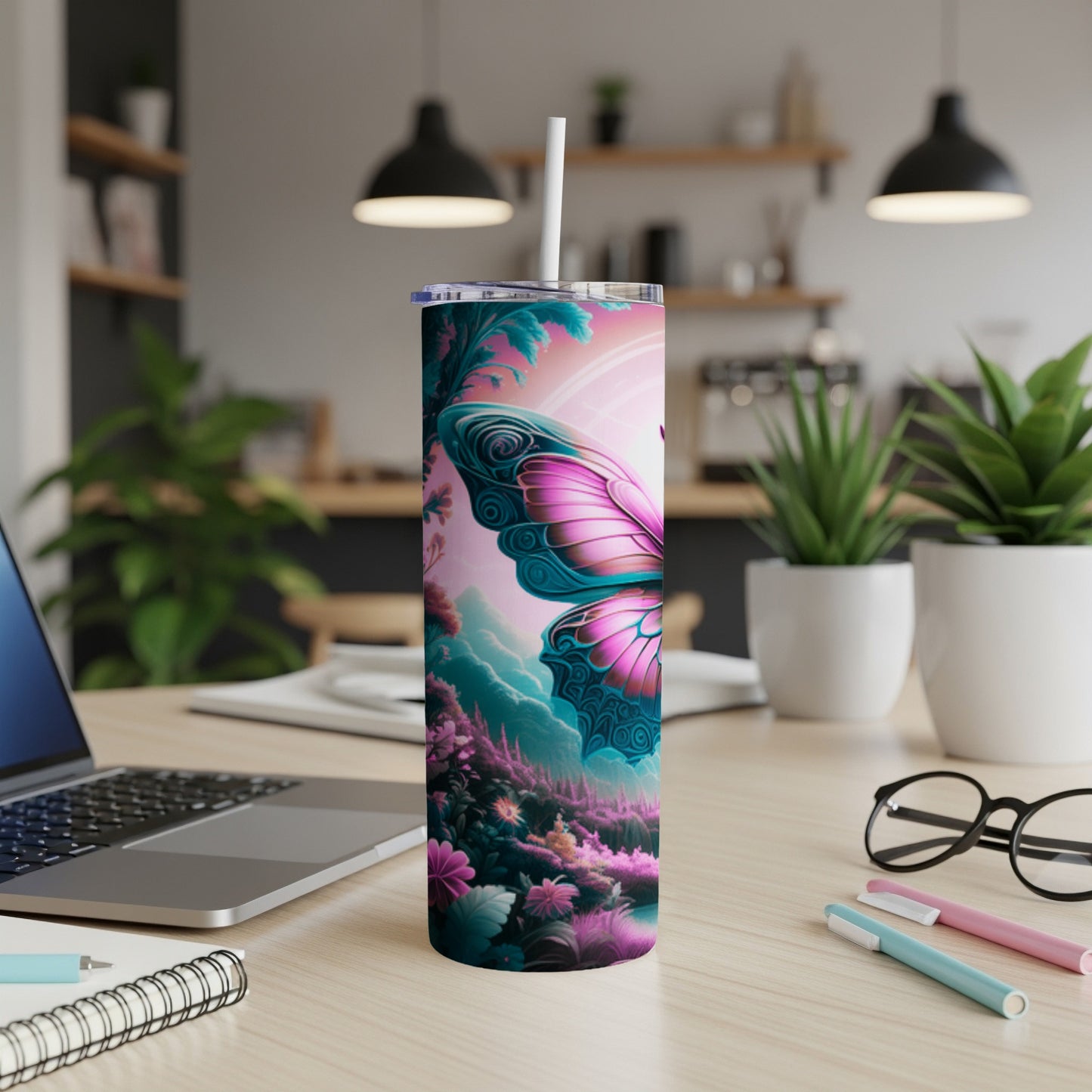 Tumbler with a vibrant butterfly and floral design against a bright, colorful sky.