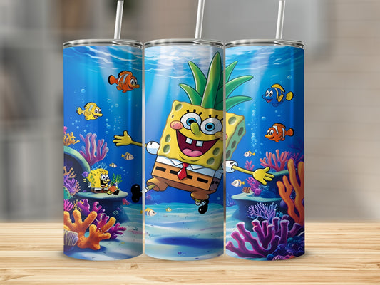 SpongeBob SquarePants character with pineapple-like hair swimming underwater with fish.