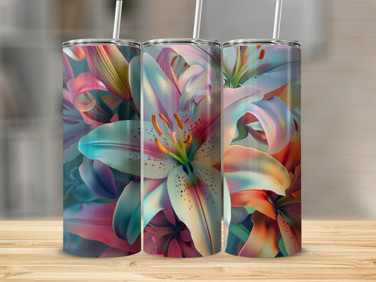Three tumblers featuring a vibrant watercolor lily floral pattern.