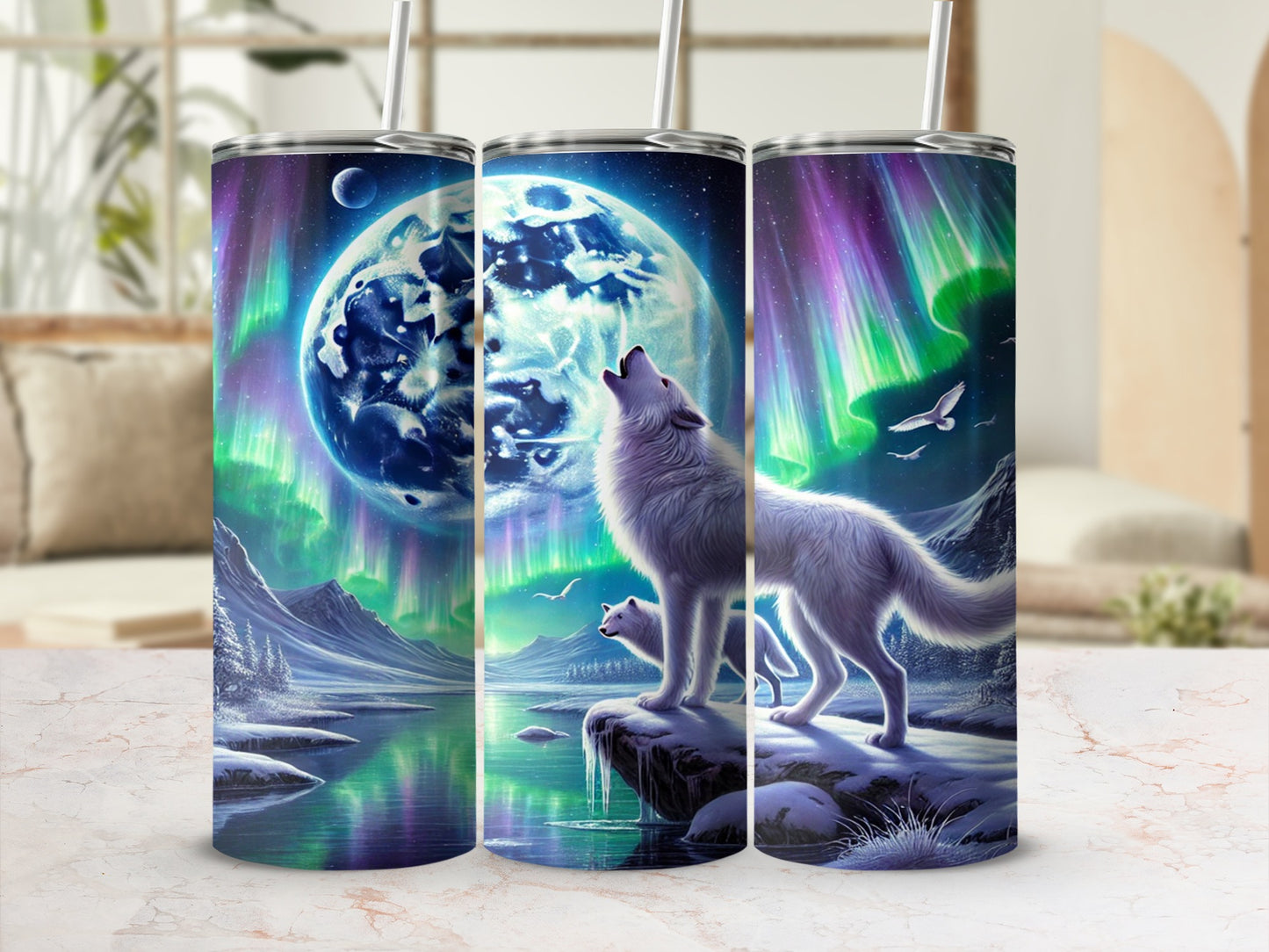 Northern Lights Wolf Design Stainless Steel Tumbler