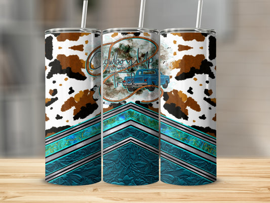 Cowboy up truck design on a white and brown cowhide print tumbler.