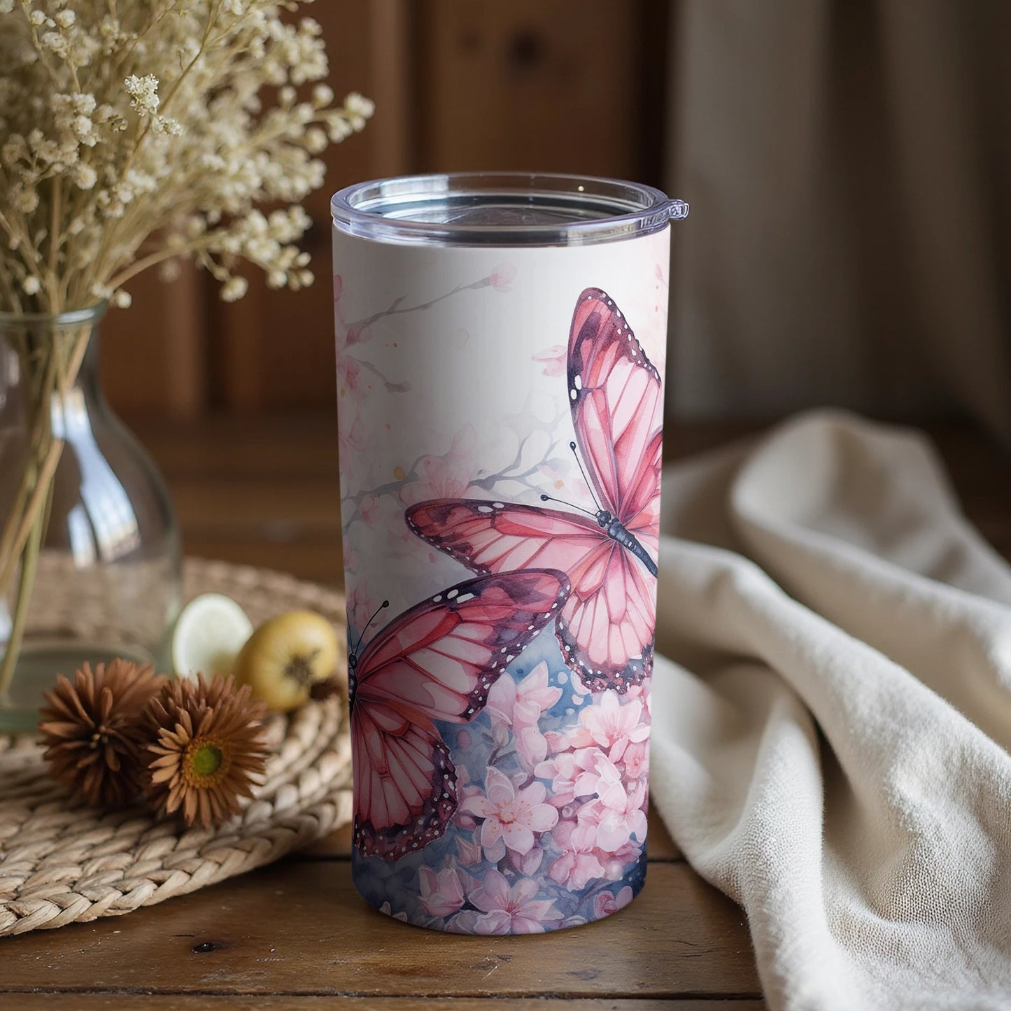 Pink Butterfly and Floral Design Insulated Tumbler