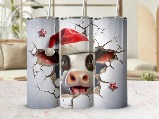 Funny Christmas Cow in Santa Hat Cracked Wall Design Tumbler