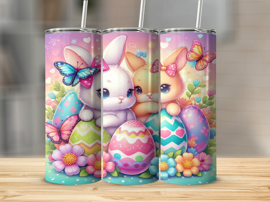 Easter bunnies and decorated eggs with butterflies and flowers.