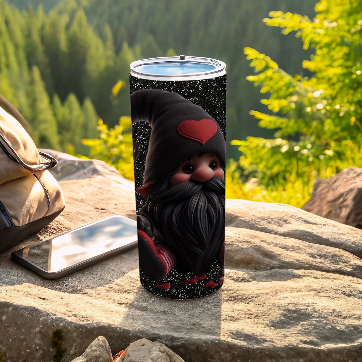 Cute Gnome With Heart Design on Black Glitter Tumbler