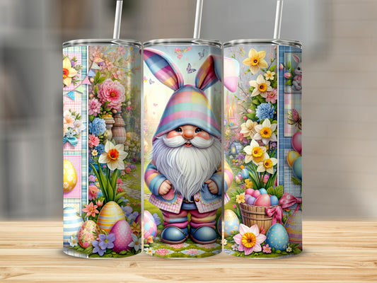 Easter gnome with bunny ears, colorful eggs, and flowers on tumblers.