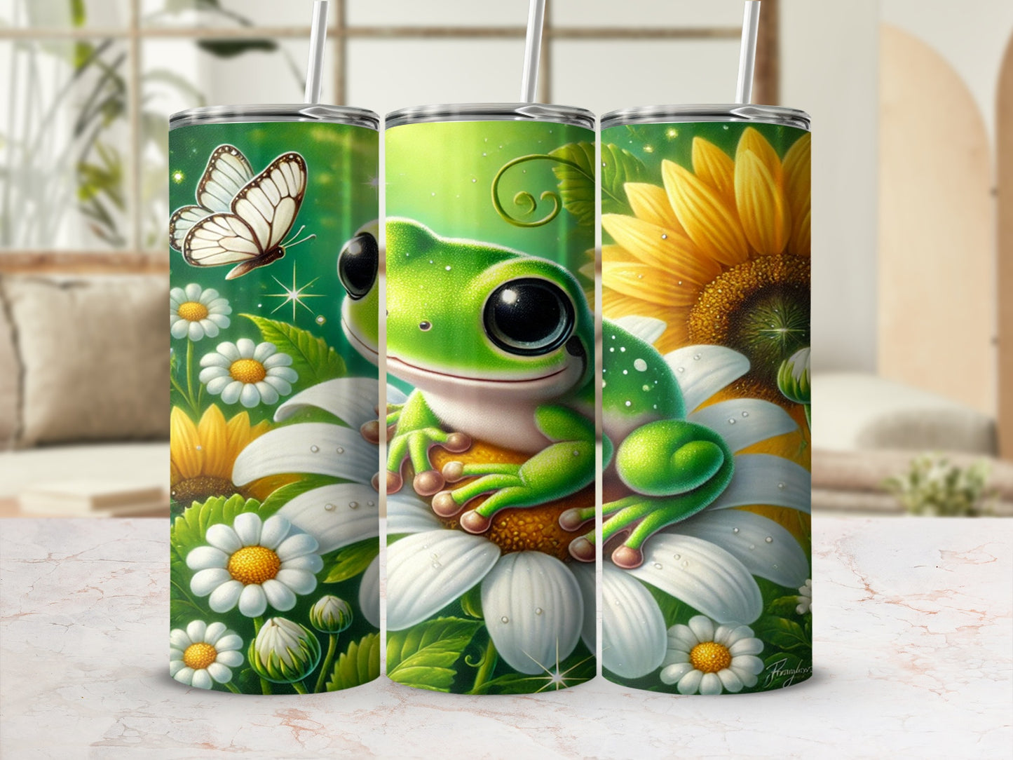 Adorable Frog With Flowers Butterfly Illustration Tumbler