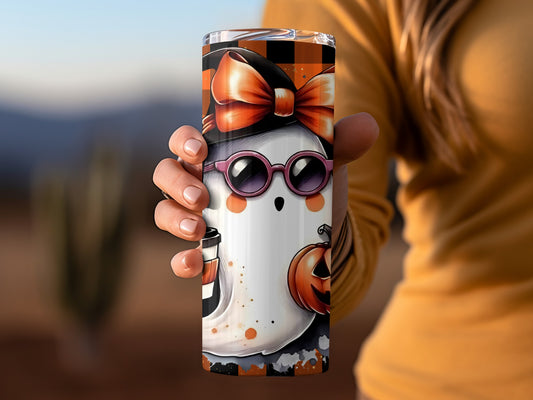 Halloween Ghost with Pumpkin and Bow Travel Tumbler
