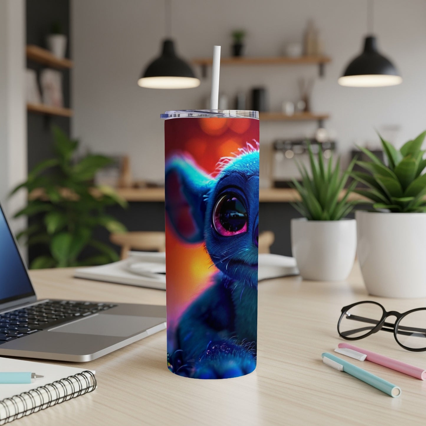 Blue alien character with large eyes on a colorful tumbler.